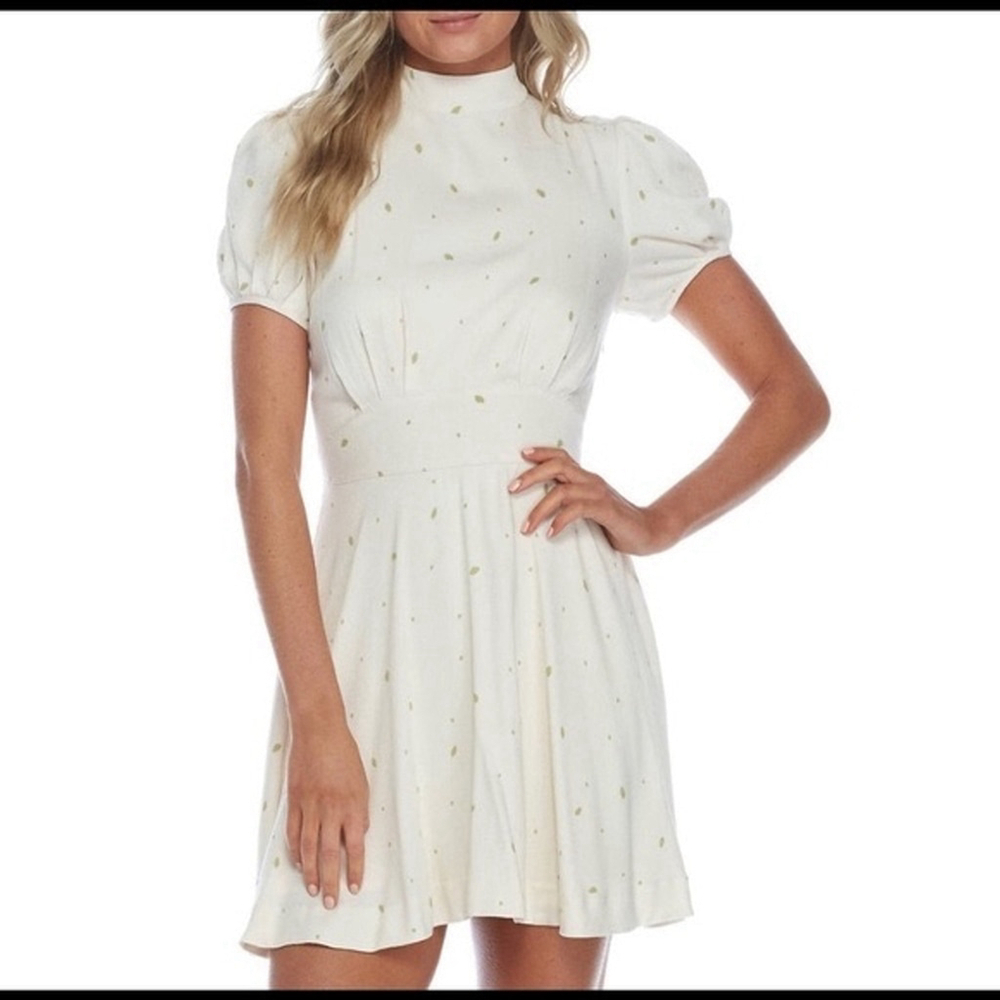 Free People x Revolve Abbie Mini Dress Cream Green Dot Bow Tie Puff Sleeve Size - Picture 11 of 12